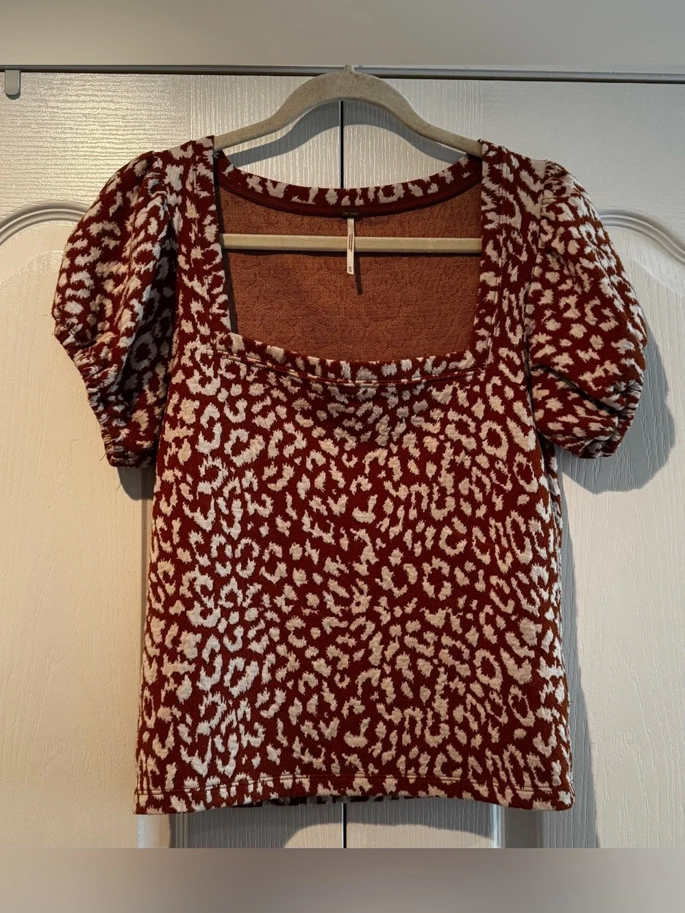 Free People Brown and White Leopard Square Neck Puff Sleeve Blouse - Size M